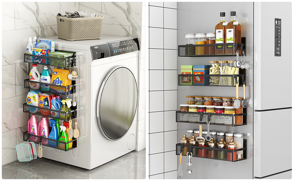 Магнітна полиця для спецій на холодильник, 4 шт. Магнітна органайзер для холодильника з 8 рухомими гачками, для організації та зберігання спецій