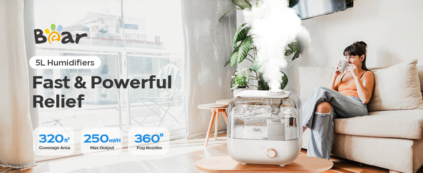 Зволожувач повітря BEAR 5L з верхнім наповненням, 360° регульована насадка, ультразвуковий, 28dB, для дітей та рослин, 35 годин роботи, з підсвічуванням, автовимкнення, білий