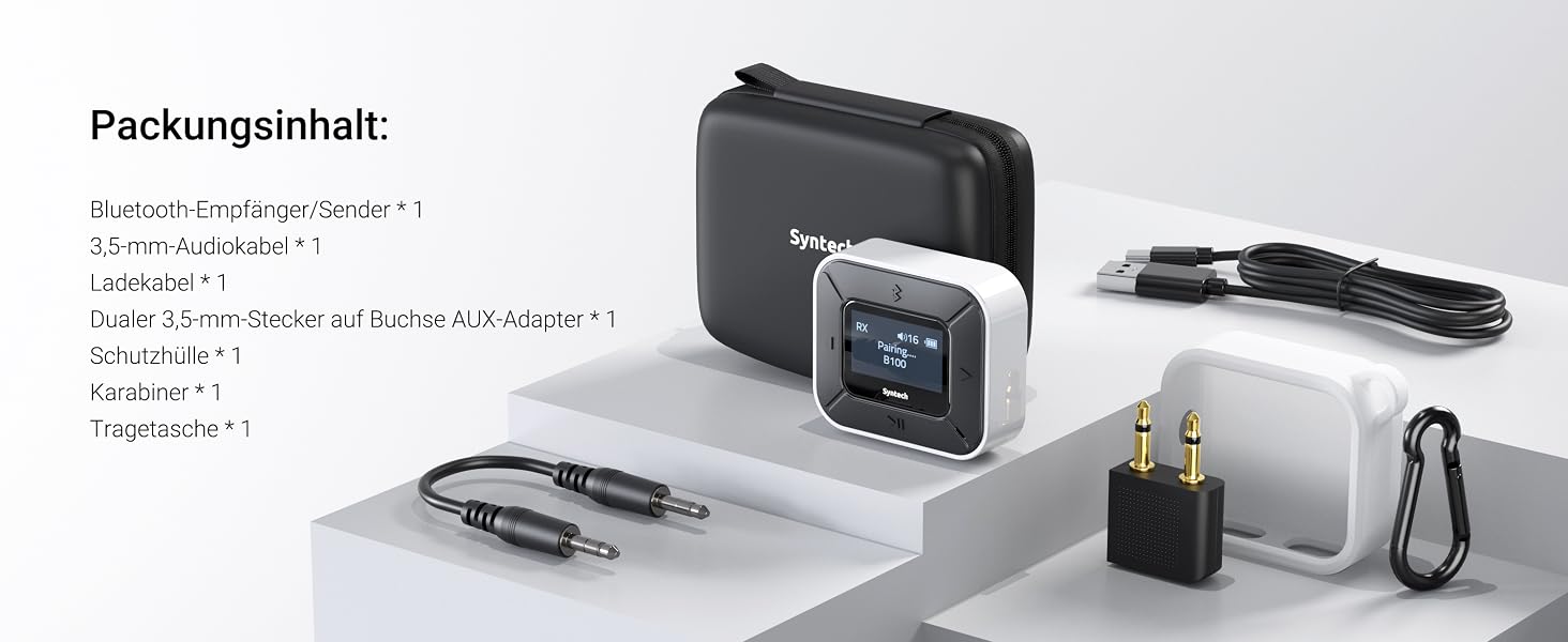 Bluetooth-трансмітер та ресивер Syntech 5.3 з LED-дисплеєм, адаптер 3.5 мм AUX для літака, авто та навушників AirPods, низька затримка, Dual Link, білий
