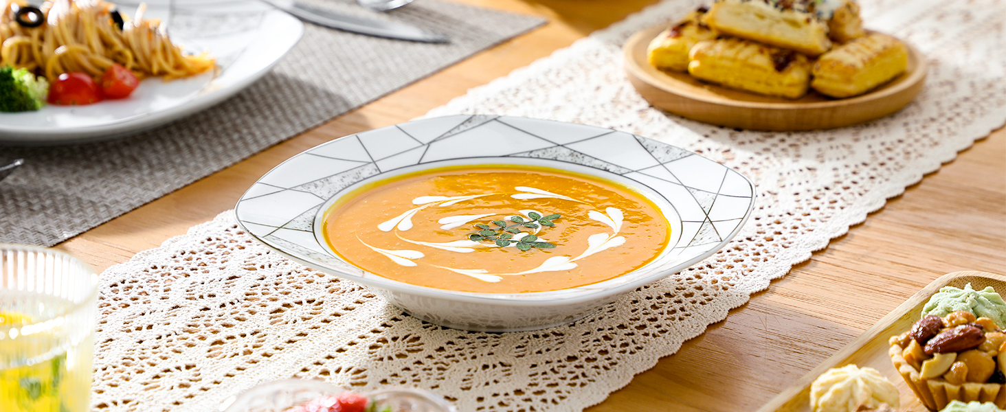 VEWEET Сервіз столовий 'Serena' з порцеляни, 24 частини | Комплект включає миски для каші, десертні тарілки, тарілки для їжі та супові тарілки | Сервіз для 6 осіб/ресторану/сім'ї (Білий, 18-частинний сервіз)