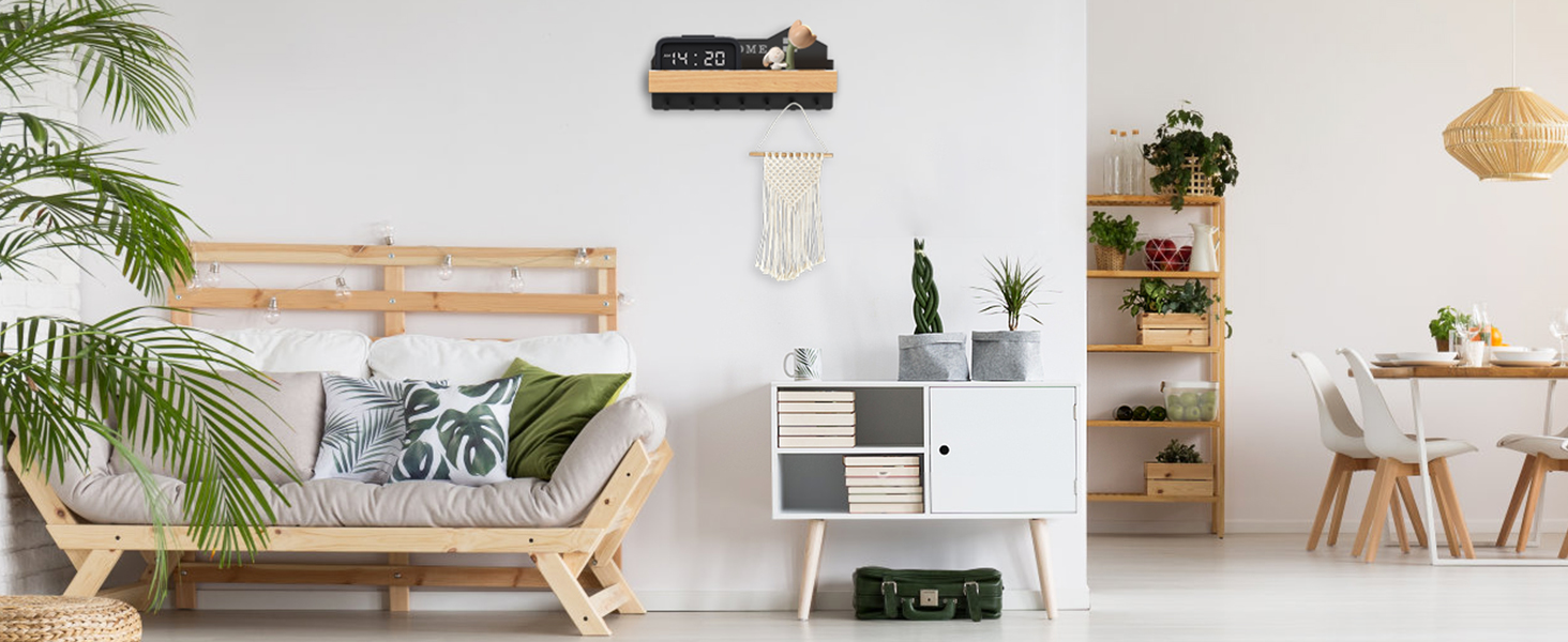 Ключниця настінна з полицею HOME+HOLZ чорна, без свердління, 7 гачків, для коридору, самоклеюча/на шурупах