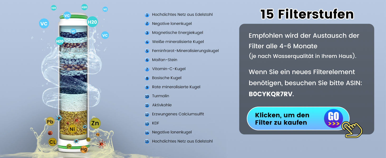 Душова лійка Digiroot з фільтром, 15 ступенів очищення, 1,5 м шланг, високий тиск, 7 режимів, економія води, видалення хлору та важких металів, чорна