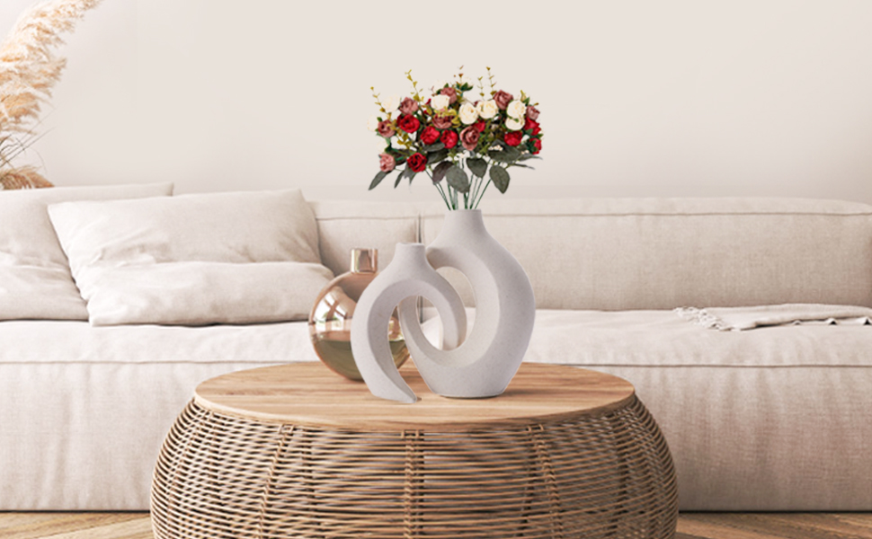 SUKIYPO Ceramic Vase Set - Modern Beige Decorative Vases (Set of 2) for Home, Office & Farmhouse Decor