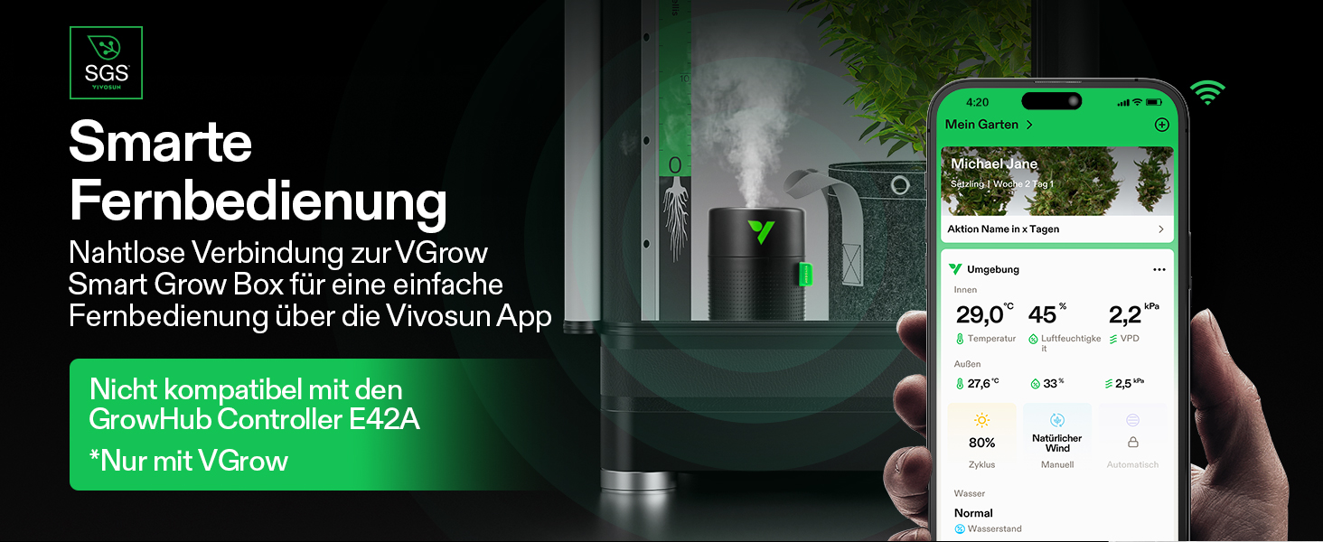 VIVOSUN AeroStream U075: USB-увлажнитель повітря, 750 мл, 2 режими туману, автовимкнення, смарт-пульт VGrow, для гроубоксів