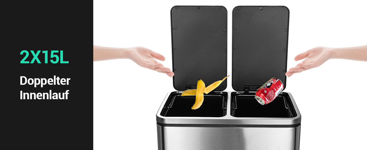 Відро для сміття LIFERUN з двома відсіками, 2 x 15 літрів, з нержавіючої сталі, м'яке закриття кришки, знімний внутрішній відро, ручки, відро для сміття з педаллю, для квартири, маленької сім'ї, сріблястого кольору