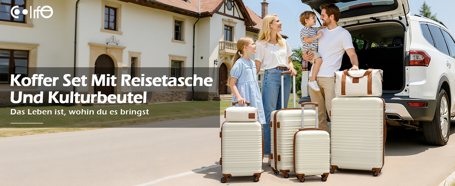 Набір валіз COOLIFE 6 шт: 16', 20', 24', 28' + сумка та органайзер | ABS, 360° колеса, TSA-замок. Ідеально для подорожей, відпочинку та навчання. Білий/Коричневий (Набір ручної поклажі 3 шт, Жовтий/Чорний)