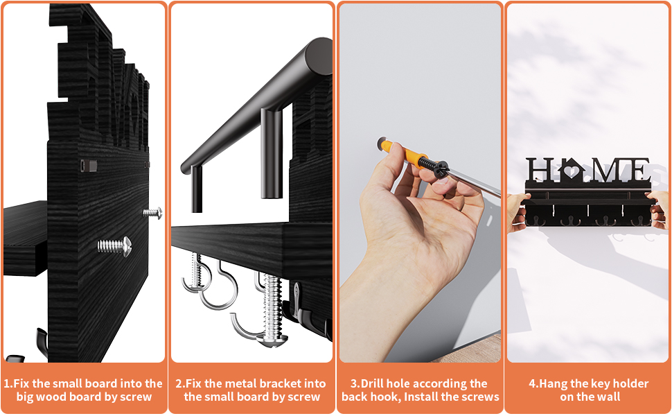 Дерев'яне ключниця-органайзер на стіну з полицею, 7 гачків, чорний, для дому