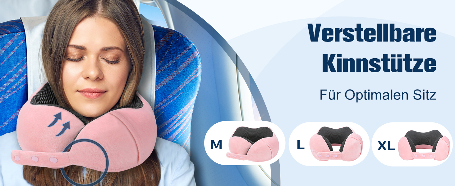 Подушка для шиї у літак, доросла, з піною з пам'яті, регульована, компактна, ергономічна, м'яка, дихаюча, з навушниками, маскою для сну, чохлом (Рожева)