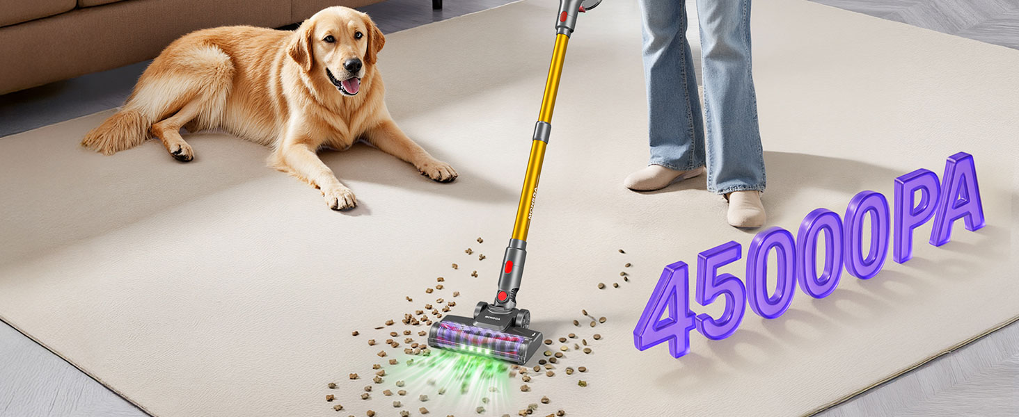 MONSGA Бездротовий акумуляторний пилосос з дисплеєм, 45000Pa, 50 хвилин роботи, антизаплутана щітка, самостійна парковка, док-станція на стіні, 8-шарова фільтрація, безщітковий двигун, для твердих поверхонь, килимів, шерсті тварин, авто