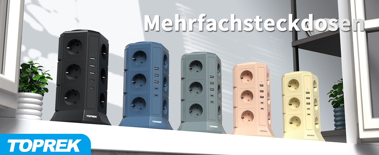 Мережевий фільтр TOPREK на 12 розеток з захистом від перенапруги, 3 USB-A та 2 USB-C портами, вимикачем, 3680 Вт, світло-зелений