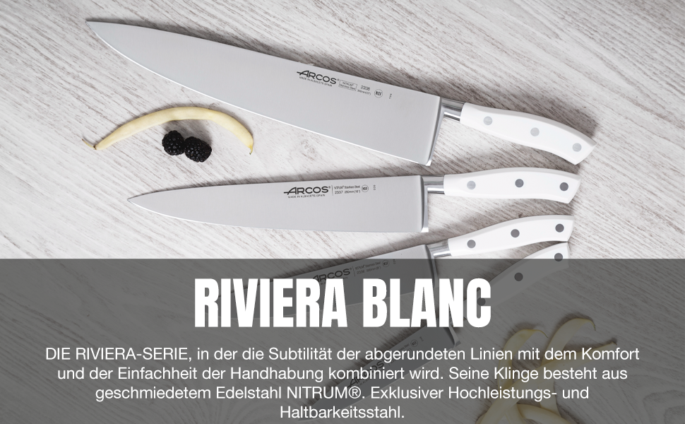 Набір ножів Arcos Riviera (5 шт.) з нержавіючої сталі, Santoku, 180 мм, рукоятка POM, білий (з підставкою)