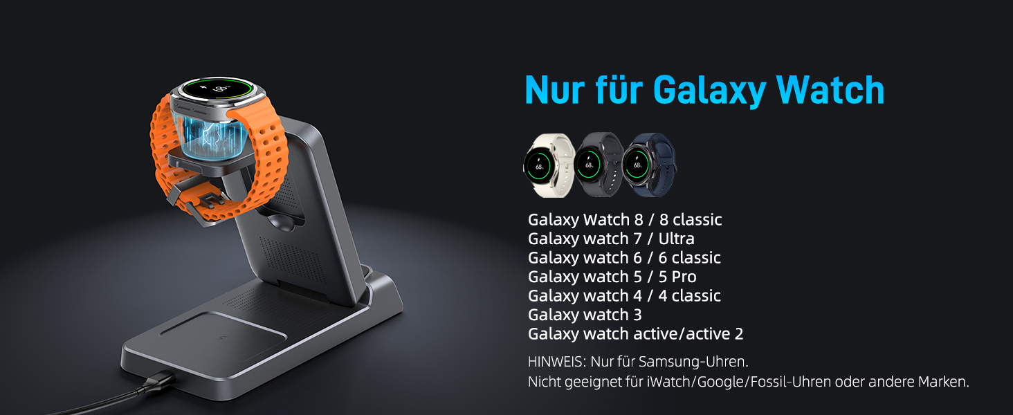 Бездротова зарядка для Samsung з годинником: станція для Galaxy S25 Ultra/S24/Z Fold 6/Flip 7/Bud, Watch, Galaxy Watch 8/7/6/5Pro, 3 в 1, сірий