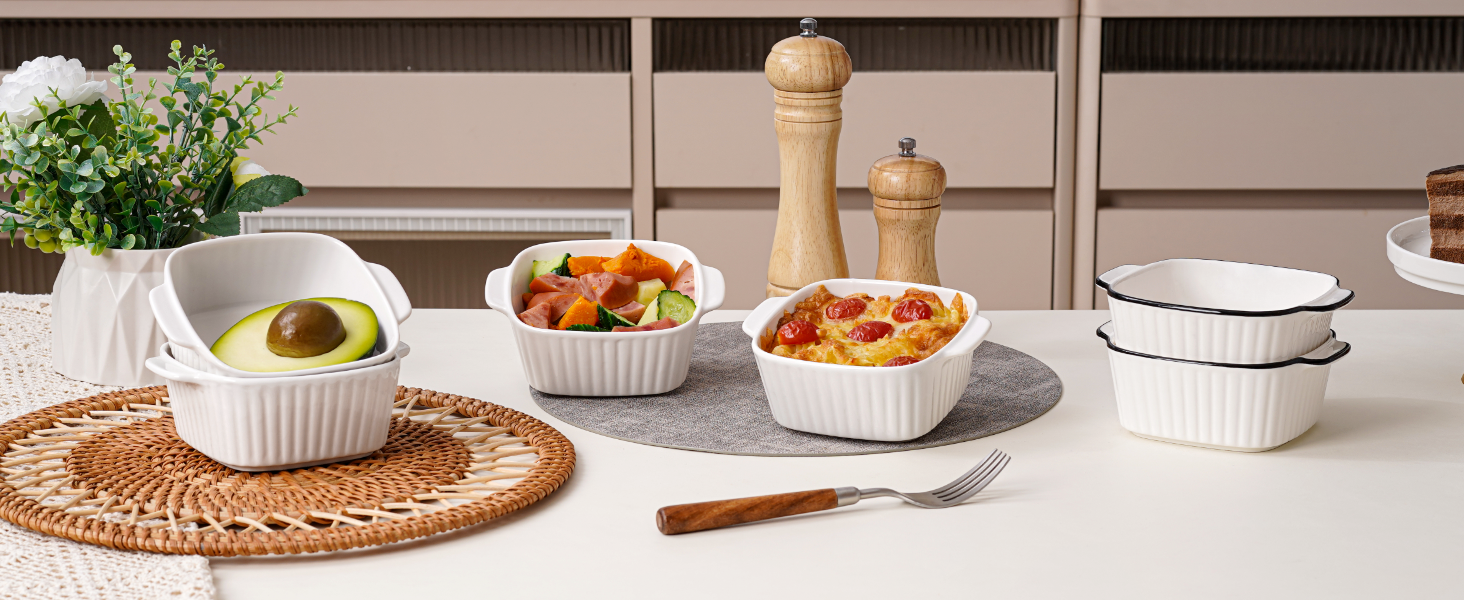 Набір форм для запікання NUTRIUPS 400мл (4 шт.) з кераміки, 14.5 x 11.5 x 5.5 см, квадратні, з ручками, для духовки та мікрохвильовки (білі)