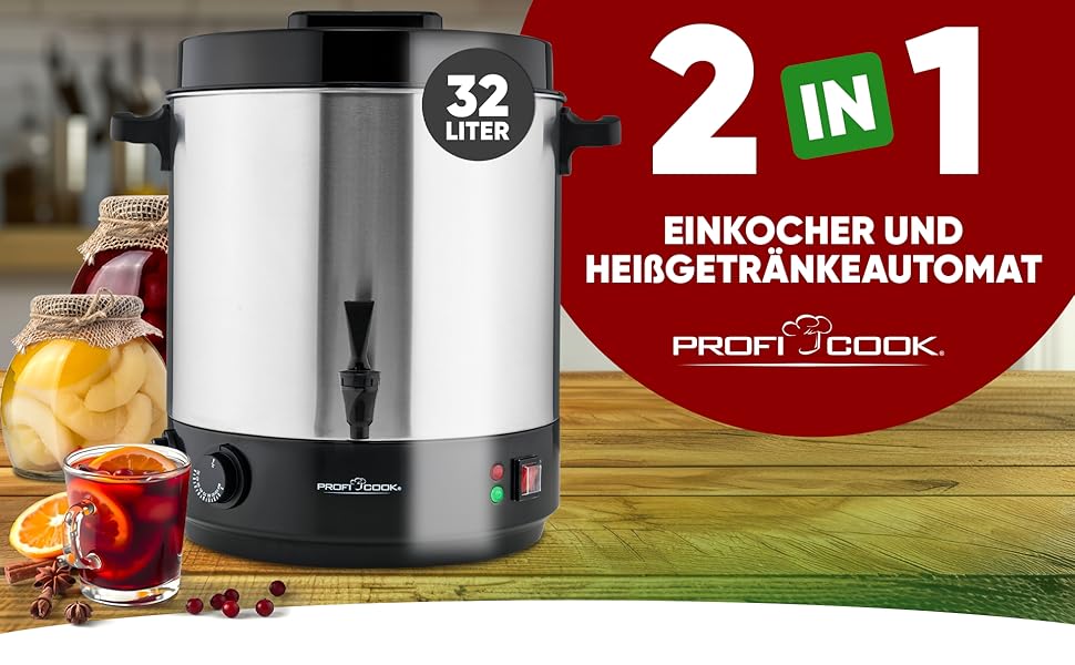Автомат для гарячих напоїв ProfiCook 7 л, нержавійка, нагрів і підтримка температури, глінтвейн, чай, кава, модель PC-HGA 1196, чорний/нержавійка