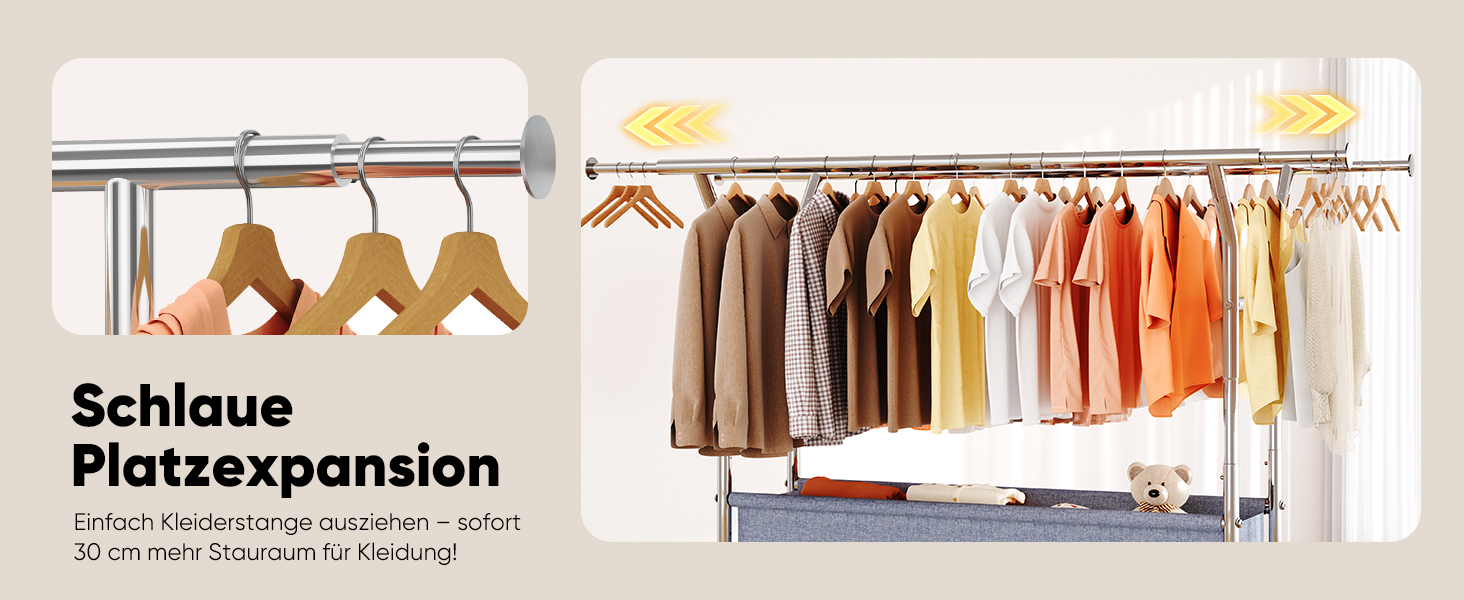 Підставка для одягу HOKEEPER на колесах, подвійна штанга, вантажопідйомність до 283 кг, промисловий дизайн, з полицею та кошиком для білизни, регульована довжина та висота (D005)