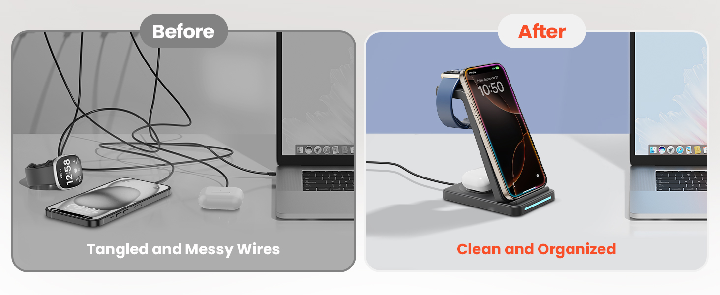 Зарядна станція GEEKERA 3-в-1 для бездротової зарядки Google Pixel Watch 3/2, Fitbit Versa 4/3/Sense 2, iPhone, Pixel, Samsung (Чорний матовий)