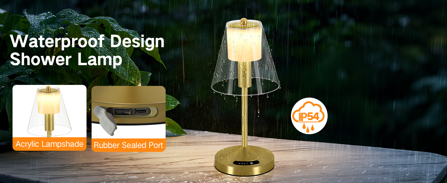 OUTON Бездротова настільна лампа Gold – LED лампа з торканням, регулювання яскравості, 3 режими кольору (3000K–6000K), акумулятор 4000mAh, USB-C, до 120 годин роботи, пам'ять, для спальні, бару та декору, золота