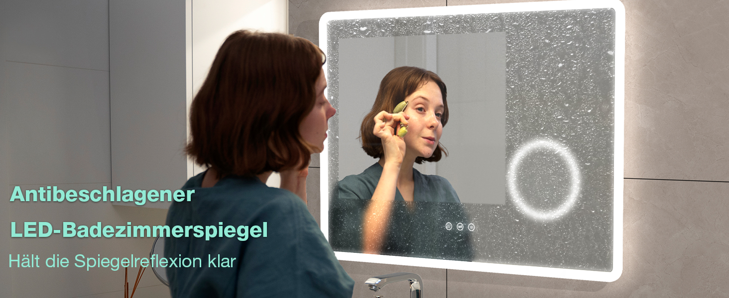 LED дзеркало для ванної кімнати 80x60 см з підсвічуванням, 3 кольори, регулювання яскравості, антизапарник, годинник, 3x збільшення, розетка