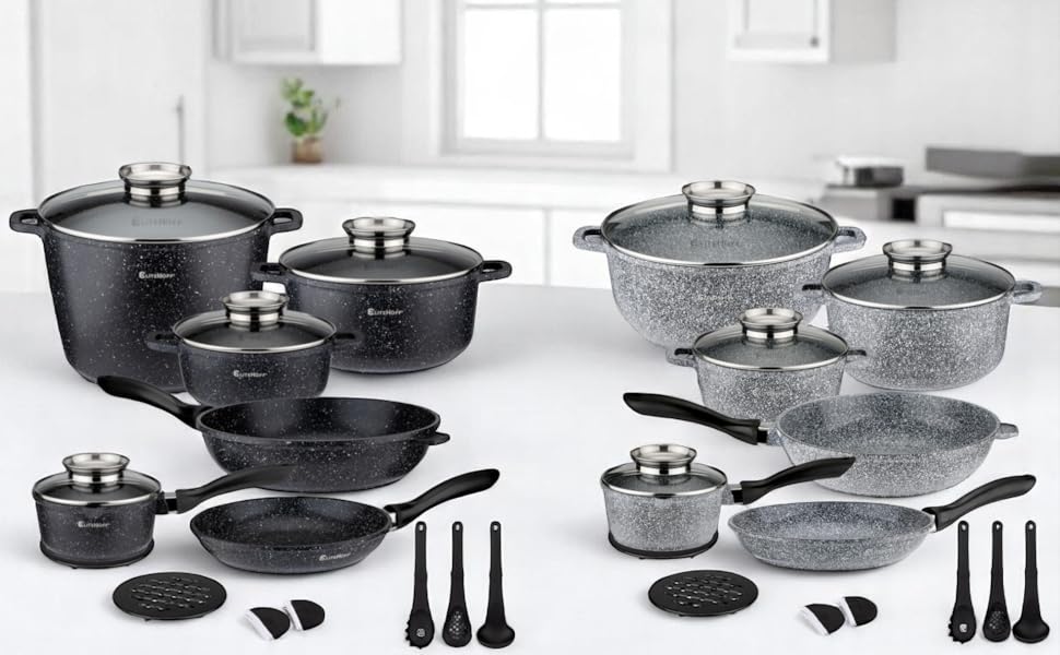 Набір каструль та сковорідок EliteHoff 17 предметів з антипригарним покриттям, чорний (E-7026)