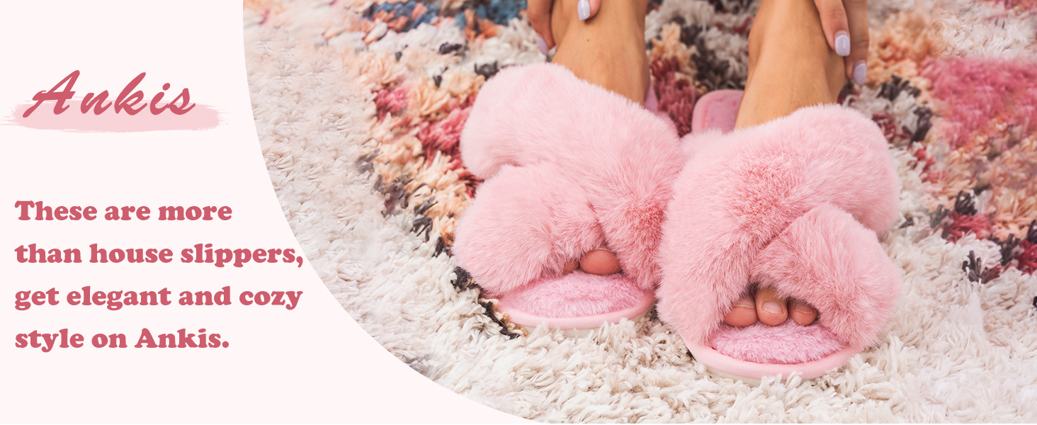 Тапочки жіночі Ankis з плюшу, теплі зимові, з перехресними ремінцями, з піною Memory, відкриті пальці, пухнасті, для дому та вулиці (білі, чорні, сірі, рожеві, верблюжі), 38/39 EU, рожеві