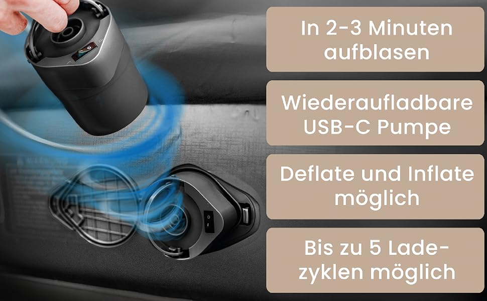 Надувне ліжко Aerios для 2 осіб з самонадувною системою | Преміум гостьове ліжко без кабелю живлення з інтегрованим USB-C насосом | Надувне ліжко, вибір розміру (Чорний, двоспальне)