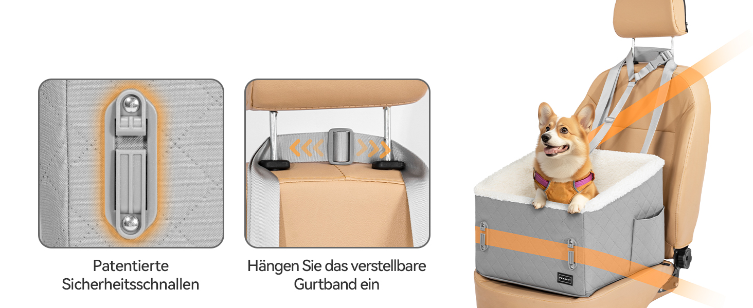 Автомобільний лежак для собак PETFIT - піднятий на 12.5 см, з патентованою системою безпеки, знімний чохол, для собак до 12 кг, біля пасажирського сидіння та на задньому сидінні (Світло-сірий, S)