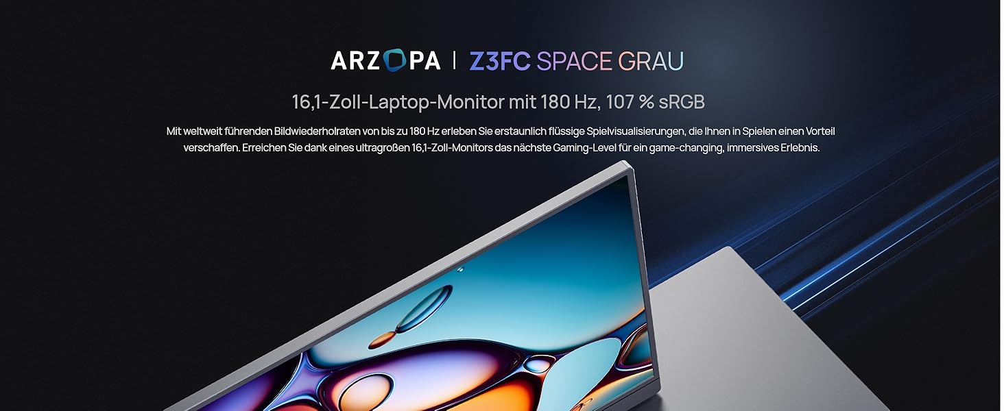 Портативний монітор ARZOPA 16.1' 2.5K 180Hz (2560x1440) HDR10, Space Grey (Z3FC/180HZ)