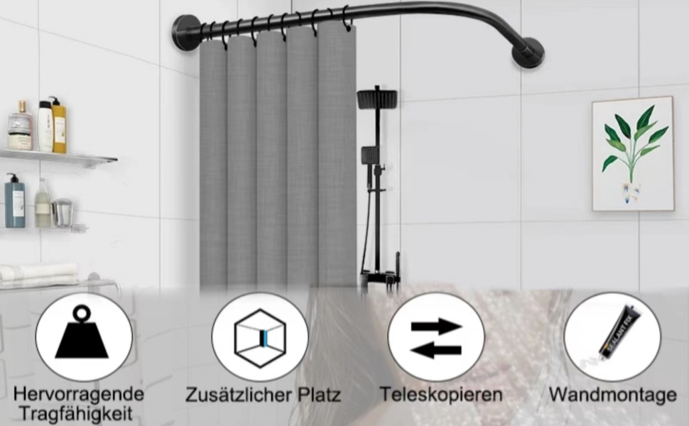 Штанга для душу без свердління, L-подібна, регульована, з нержавіючої сталі, для ванної кімнати та гардеробної (75-95 x 75-95 см) (Чорний, 75-95*90-130)