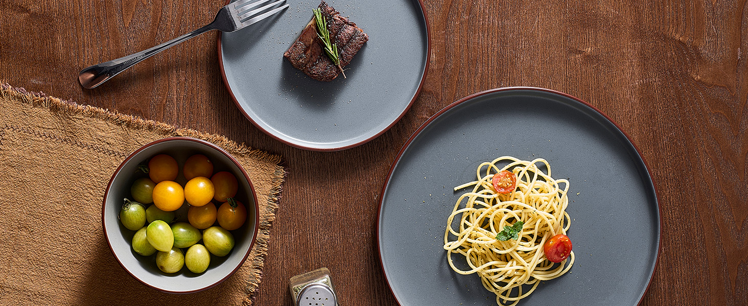 Набір посуду Mercury, 12 предметів: тарілки, супові миски, десертні тарілки, для 4 осіб, з каменю, мікрохвильова піч та посудомийна машина, сірий колір