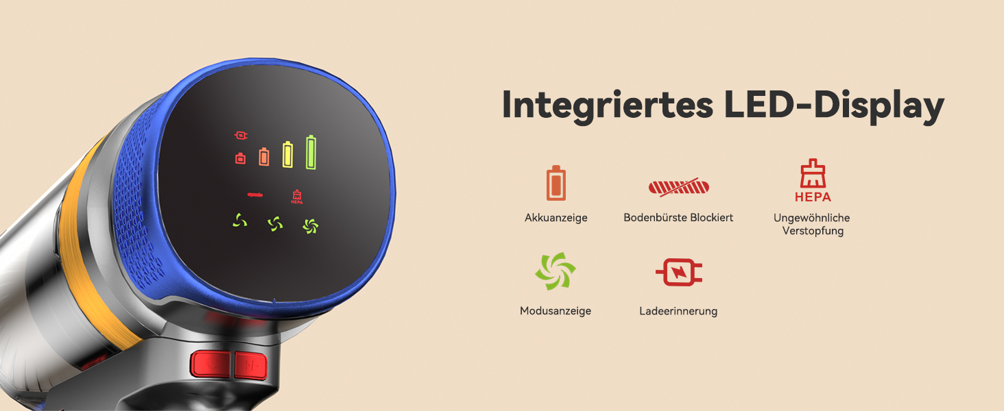 Бездротовий пилосос Sulean 580W з акумулятором, 70 хв роботи, 48000Pa, Smart Display, 1.6L, антинамотування, для твердих поверхонь, килимів, шерсті тварин