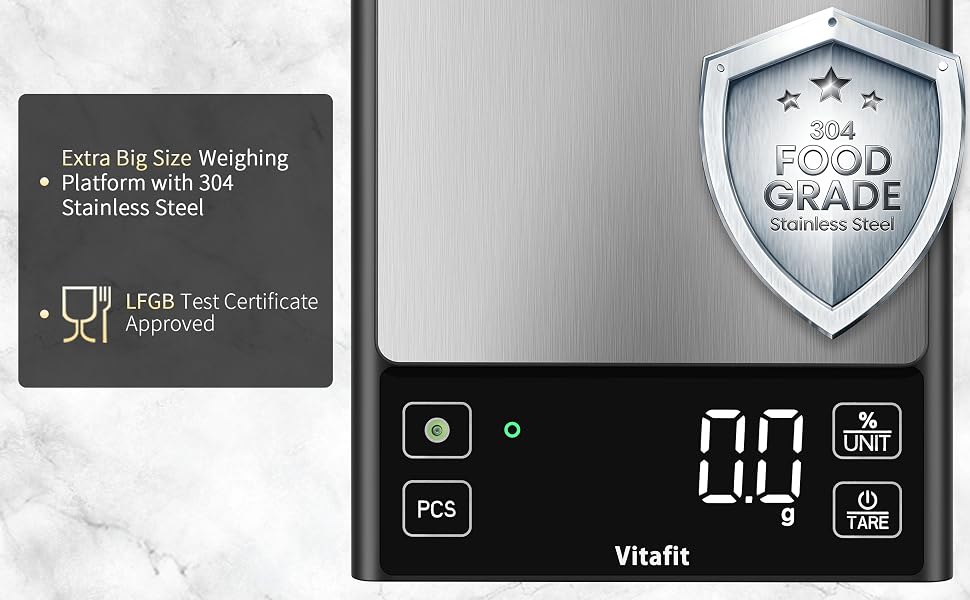Електронні кухонні ваги Vitafit до 5 кг з точністю 0.1 г, цифрова вага для кухні, випічки та кави з функцією відсотка, платформа з нержавіючої сталі, LED-дисплей, чорний