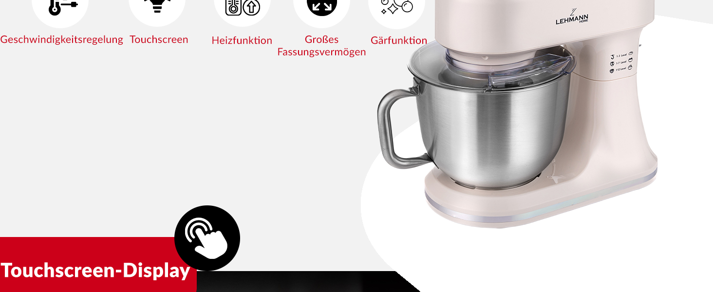 Кухонна машина Lehmann з дисплеєм, 1500 Вт, 12 швидкостей, функція ферментації з підігрівом, вбудовані ваги, таймер, чаша 5 л та 3 насадки-мішалки, Бежевий