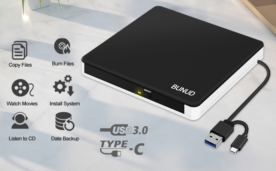 Зовнішній CD/DVD привід BU USB 3.0 & Type-C, DVD+/-RW ROM записувач з картридером SD/TF та USB-портами для ноутбука, PC, MacBook, Windows 11/10, macOS (чорний/білий)