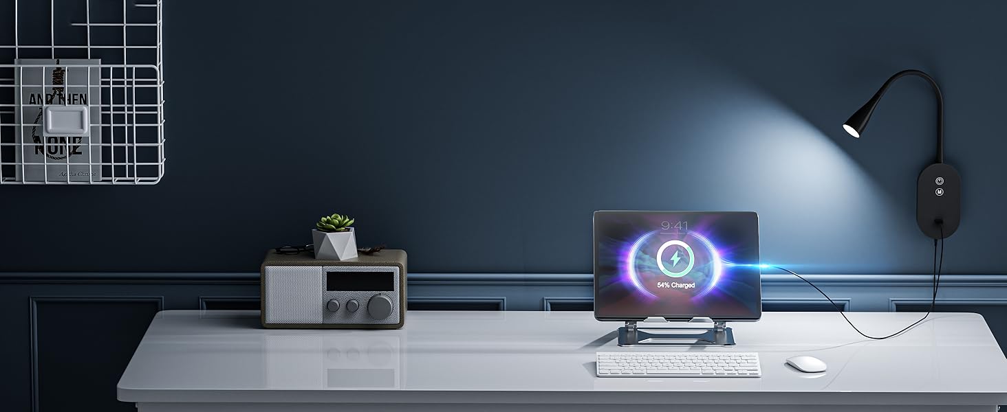 Нічна LED лампа для читання Wandleuchte з USB, 5 рівнів яскравості, сенсорне управління, гнучкий кронштейн, автовимкнення (Чорна)