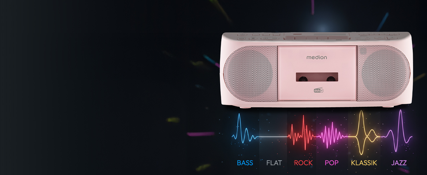 MEDION DRX-1 Plus Boombox: Портативна радіосистема з DAB+, Bluetooth, CD-плеєром, MP3, касетним провідником, AUX, акумулятором та мережевим живленням, зелений/рожевий колір