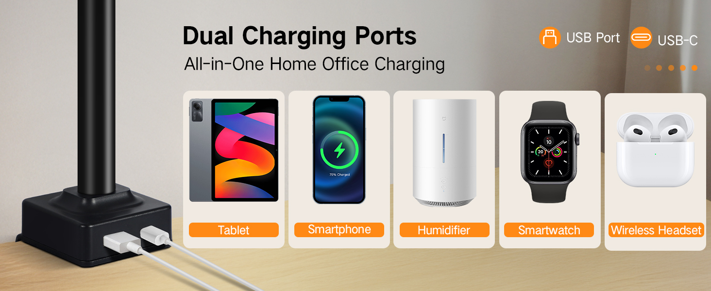 OUTON LED лампа настільна з двома головками, 85.5 см, USB-A & C, регульована яскравість 1600LM, 5 температур кольору, таймер, кріплення, для офісу та дому, чорний