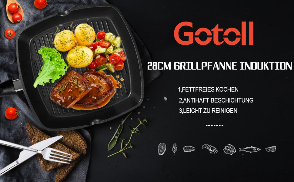 Сковорода гриль 28x28 см з алюмінію з індукційним дном, антипригарна PFOA-free, легка в очищенні