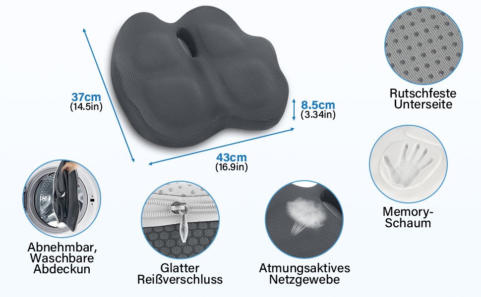 Ортопедична подушка для сидіння з Memory Foam: для офісного крісла, авто, інвалідного візка. Зняття навантаження на куприк, комфорт, нековзний низ (Сірий)