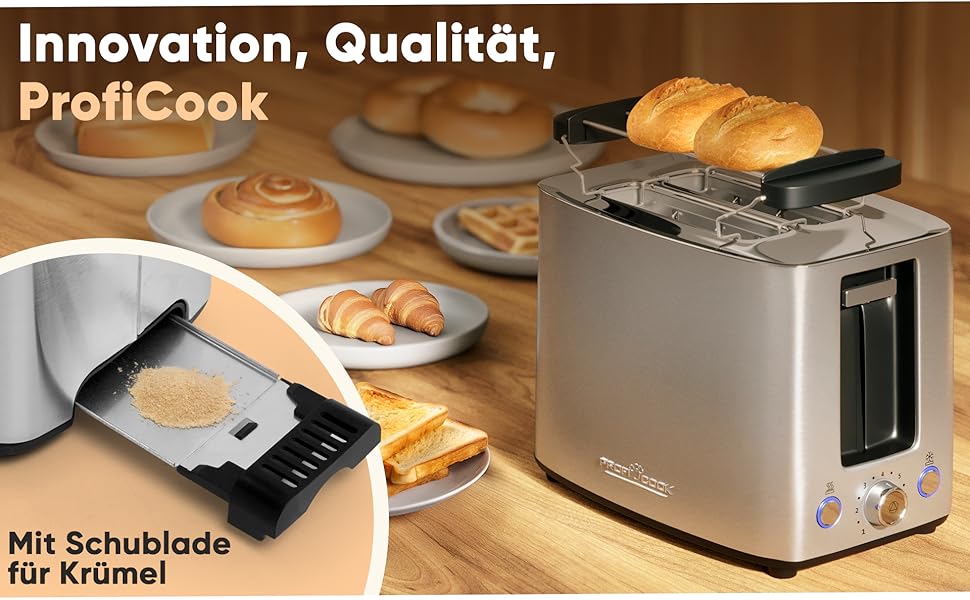Тостер ProfiCook PC-TA 1244: 2 відділення, широкі слоти, 7 рівнів підсмажування, зйомна крихта, корпус з нержавіючої сталі, сенсорне керування, насадка для тостів