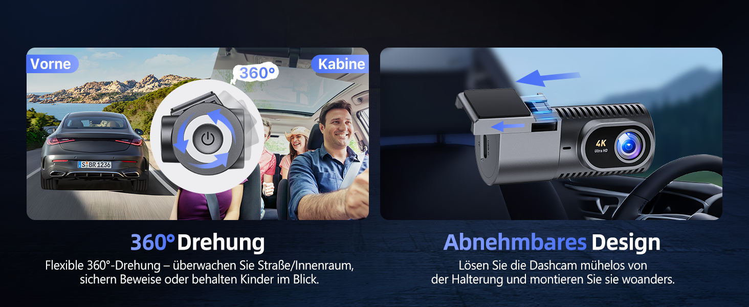 Автомобільний відеореєстратор 4K з 5GHz Wi-Fi, поворотна камера 360° та цілодобовим режимом паркування 24/7