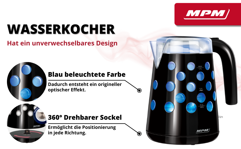 Електричний чайник MPM MCZ-85/G1, 1.7 л, без BPA, бездротовий, 360° обертання, антинакипний фільтр, автовимкнення, чорний, 2200W