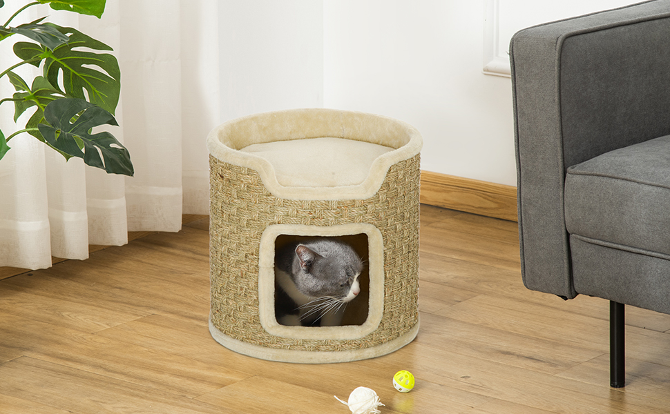 Дім-будиночок для кота PawHut з когтеточкою, 37 см, бежевий (Хакі), до 5 кг