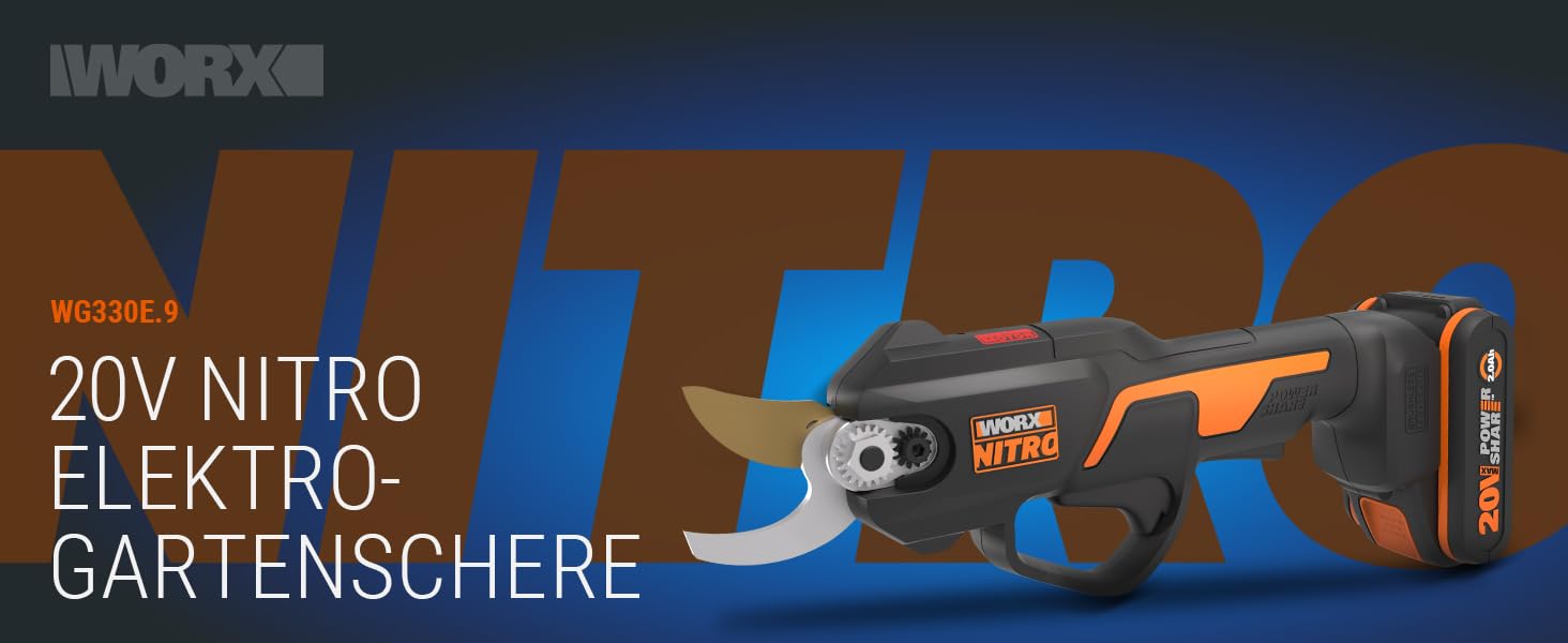 Електричний акумуляторний сучкоріз Worx NITRO WG330E.9 20В, безщітковий двигун, без акумулятора і зарядного, чорний/помаранчевий