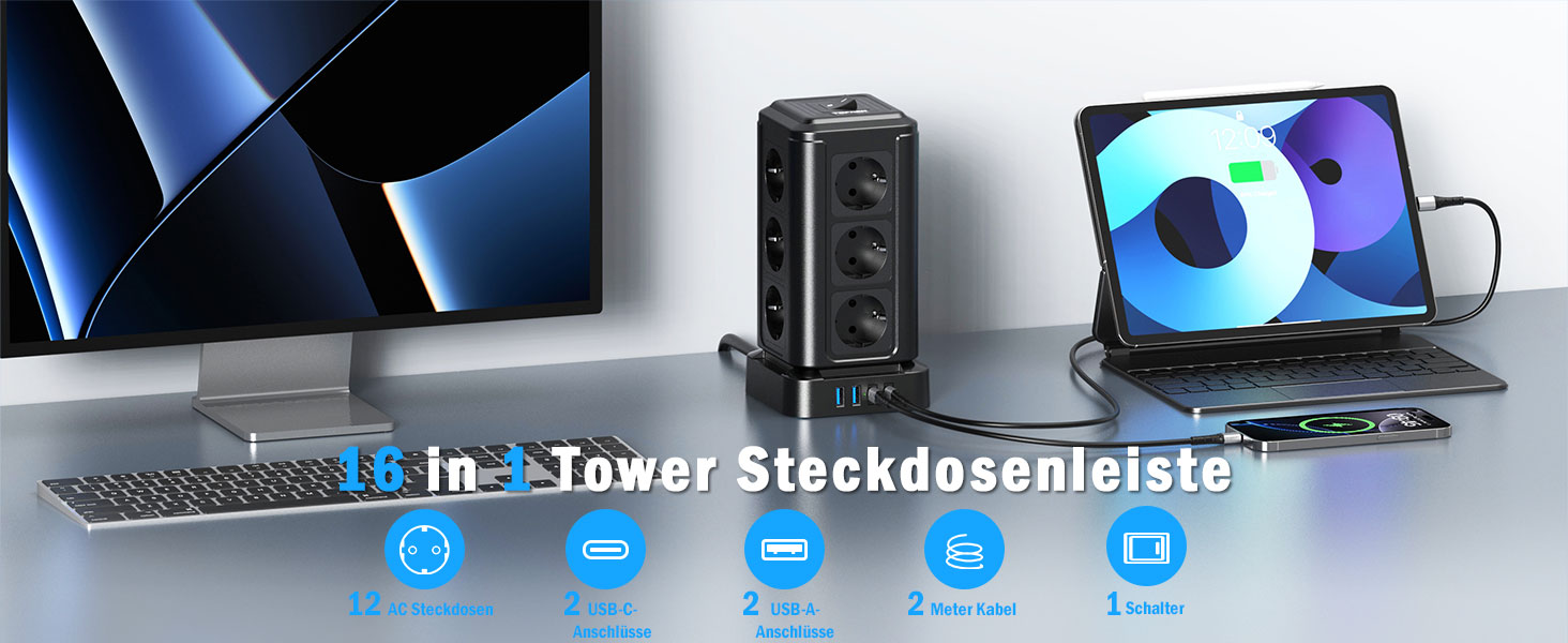 Мережевий фільтр TOPREK у вигляді вежі, подовжувач на 12 розеток з USB-C PD 20W, захист від перенапруги, 3680Вт, чорний