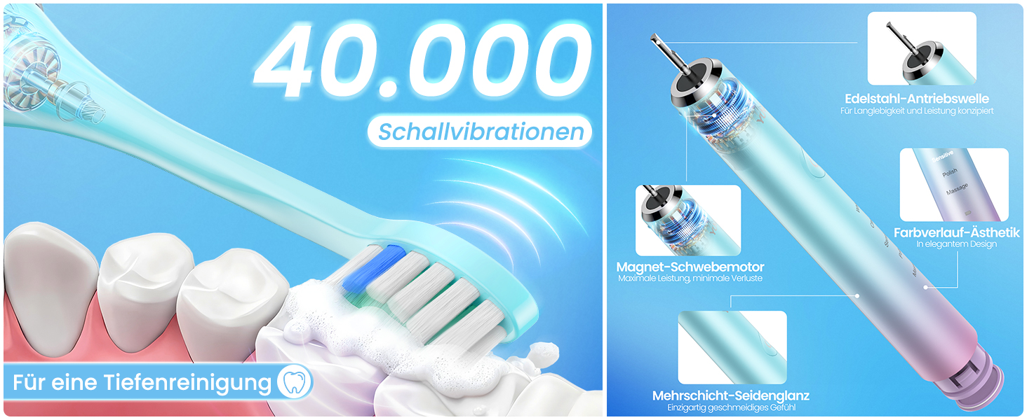 Електрична зубна щітка YUNCHI C2 з 40000 VPM, звукова щітка для дорослих, зарядка USB-C, 55 днів роботи від акумулятора, 5 режимів чищення, таймер 2 хвилини, 8 насадок, дорожній футляр, чорний (Ycyc-y7 Blue)