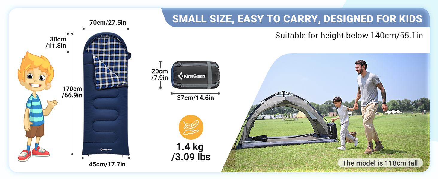 KingCamp Kids Sleeping Bag - Winter Warmth & 3-4 Season Comfort for Camping & Trekking - 170x70cm, 7°C Rating