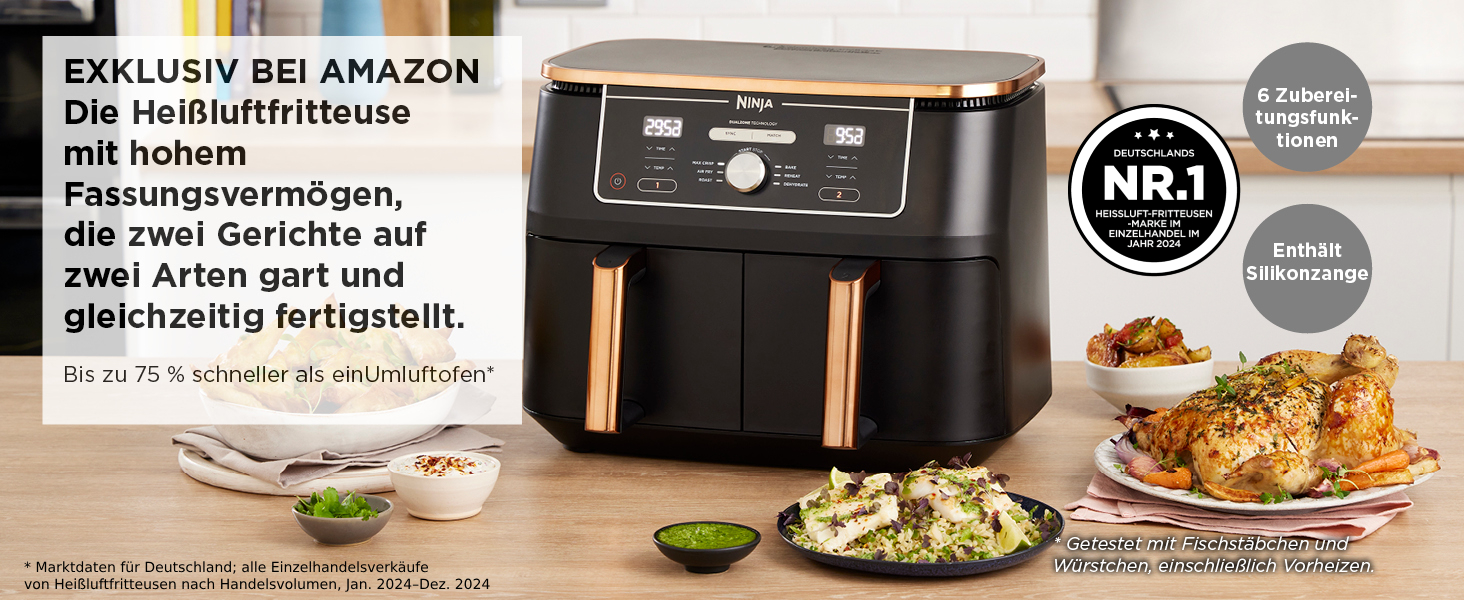 Ninja Foodi MAX Dual Zone Air Fryer - 9.5L, 6-in-1, Copper/Black - AF400EUCP
