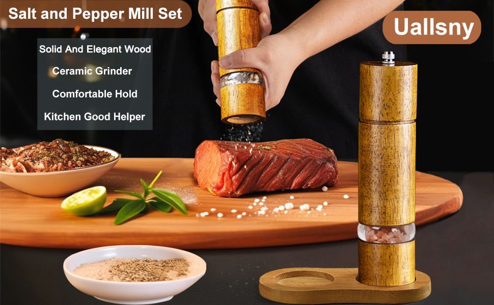 Механічна млинка для солі та перцю з керамічним жорном, регульована ступінь помелу, набір 2 шт. з підставкою, висота 21,5 см