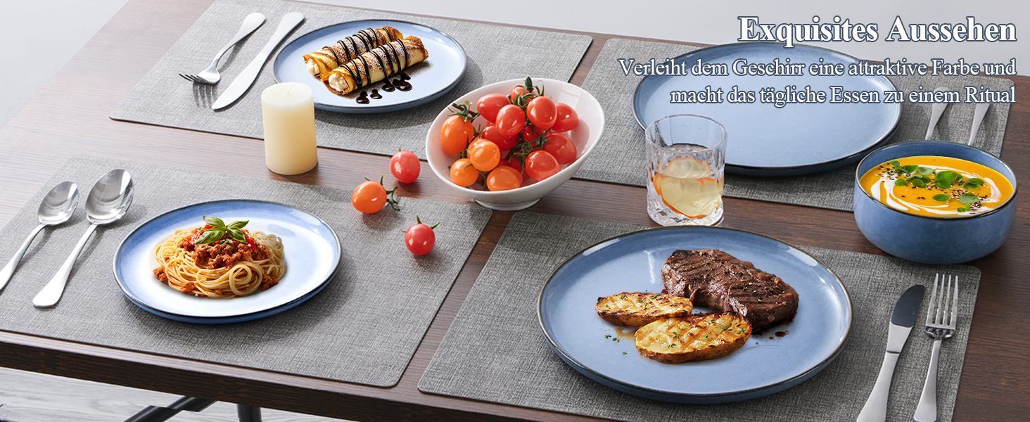 Набір посуду Joyfair на 6 осіб, 18 предметів: тарілки для їжі, десертні тарілки, миски для каші, з реактивною глазур'ю, для мікрохвильової печі та посудомийної машини (Ozean Blau)