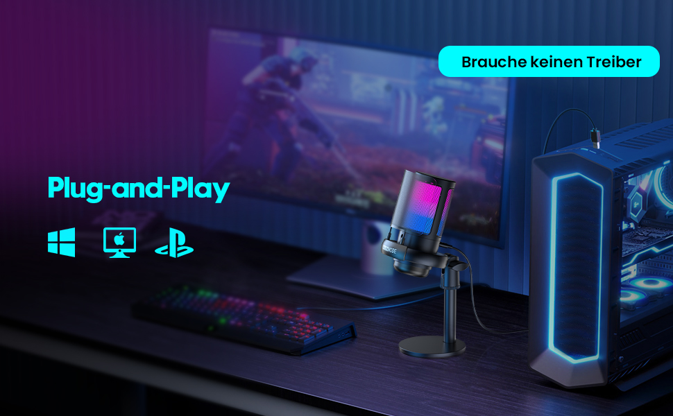Ігровий мікрофон COCONISE RGB для ПК, стримінгу, подкастів, PS4/PS5, Mac. USB мікрофон з регулюванням гучності та навушником 3.5 мм, з підставкою